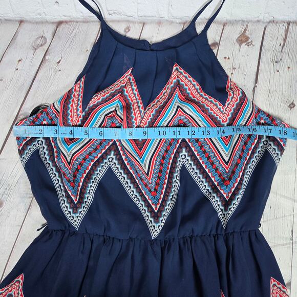 by & by Chevron Print Boho Western High Neck Mini Dress‎ Navy Blue L - Picture 10 of 12